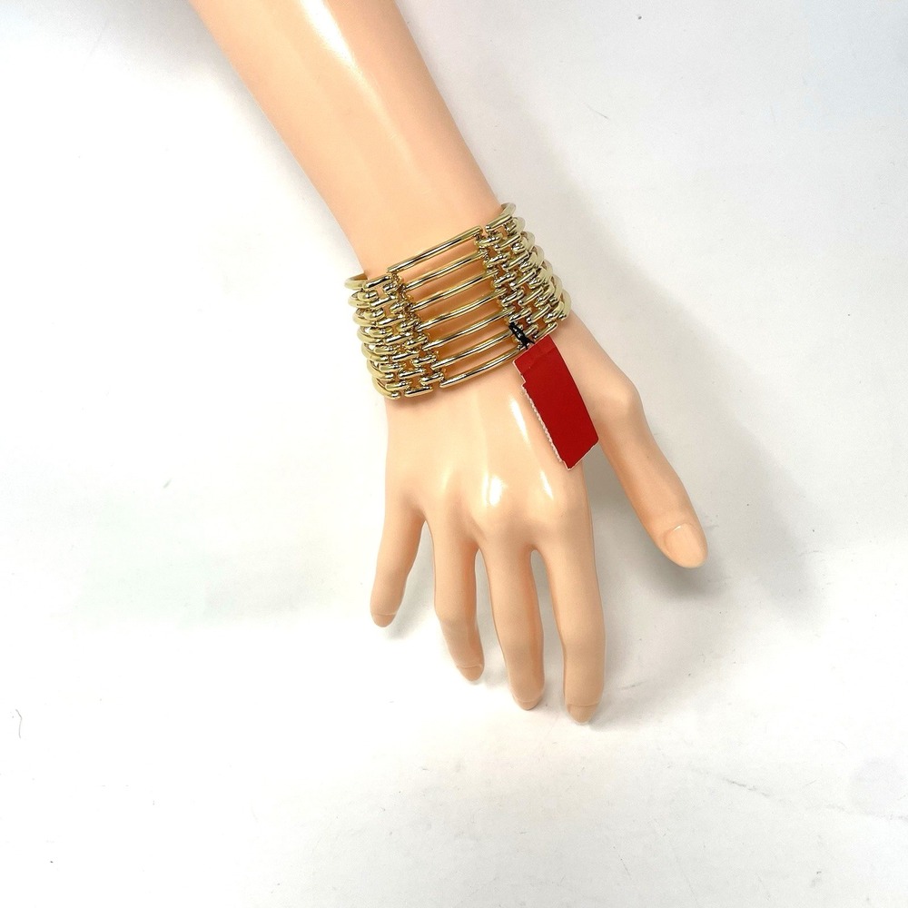 Gold Tone Wide Panel Bracelet Open Bands Fold Over‎ Clasp New With Tags